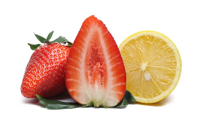 Fresh strawberry half and lemon slice isolated on white background