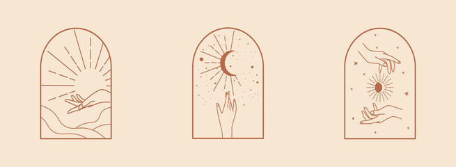 Vector set of linear boho icons and symbols - sun, moon, stars logo design templates - abstract design elements  in modern minimalist style  © Yanzar