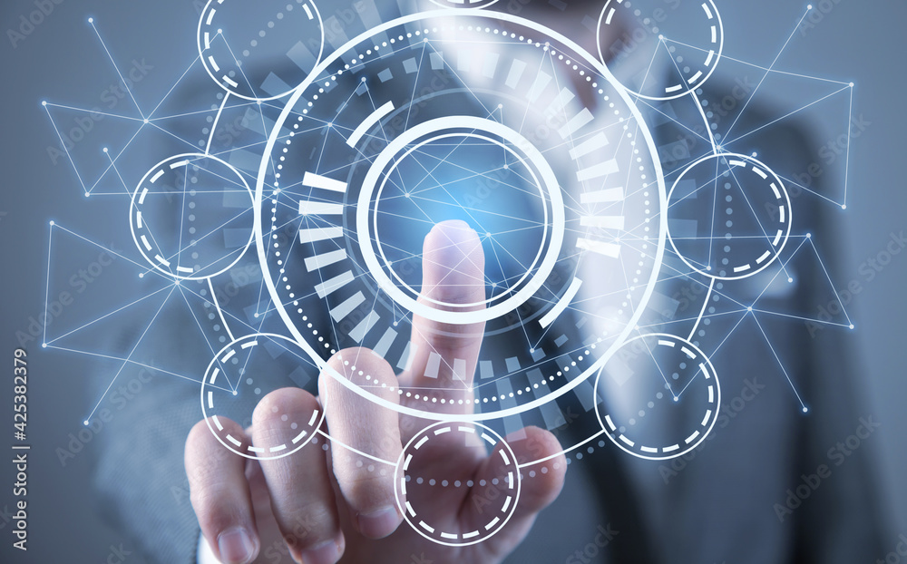 Poster businessman touching virtual interface button. internet. innovation. technology