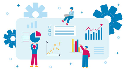 Concept of idea growing, teamwork and business constraction and analitics. People work together. Analysis of data and graphs. Promotion and success. Flat characters. Vector illustratoin. - obrazy, fototapety, plakaty