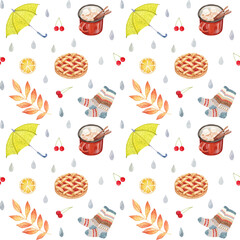 Autumn seamless pattern with cozy things on white background