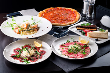 italian food set pizza pepperoni, pasta and tartare