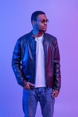 Portrait Of Handsome Stylish Black Man In Fashionable Leather Jacket And Sunglasses