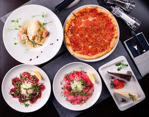 italian food set pizza pepperoni, pasta and tartare