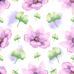 Semless watercolor pattern with flower and leaves