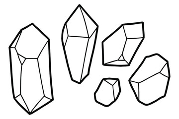 Hand drawing crystals of different sizes. Black outline. Coloring page. 