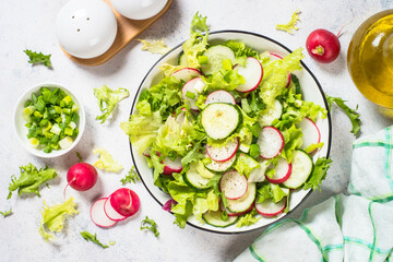 Green salad with fresh leaves, radish, cucumber and ollive oil.