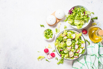 Green salad with fresh leaves, radish, cucumber and ollive oil.
