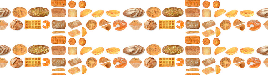 Seamless pattern sweet bread products in the form of frame isolated on white