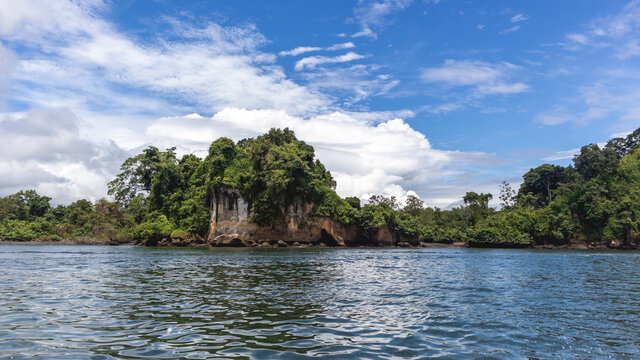 Sea, beach and blue sky. Tropical landscape of the Colombian Pacific, in Tumaco Nari&ntilde;o Colombia. Pacific Ocean.
