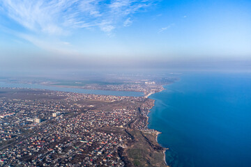 View of the village of Fontanka on the Black Sea coast near Odessa. Photo from a helicopter.