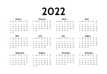 Calendar for 2022 isolated on a white
