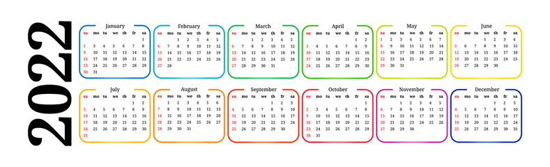 Horizontal calendar for 2022 on a white background