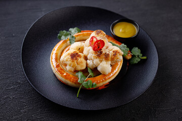 Grilled sausages and cauliflower, healthy bbq food