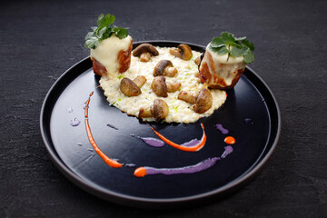 Delicious mushroom risotto and grilled turkey meat