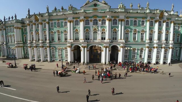 Aerial view. Palace Square, the Hermitage in St. Petersburg. 4K.