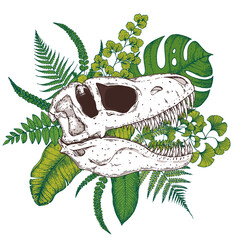 Tyrannosaurus rex and palm leaves hand drawn illustration. Tattoo vintage print. Hand drawn floral print. Tattoo design. Jungle print. Tropical illustration. © vidimages