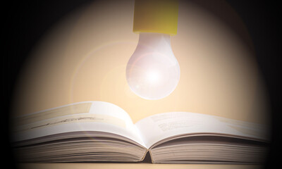 a glowing light bulb over an open book - obrazy, fototapety, plakaty
