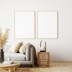 Modern interior design of living room in natural colors with dry plants decoration and empty white mock up picture frames 3D Rendering, 3D Illustration