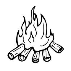 Bonfire drawn vector doodle illustration. Camping element. Isolated on white background. Hand drawn simple element