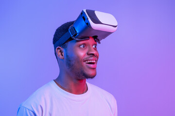 Video Gaming Concept. Portrait Of Amazed Funny Black Man Wearing VR Glasses