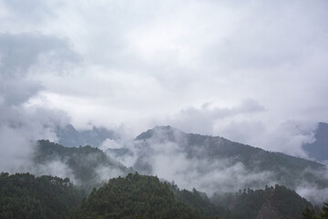 Wooded mountainsides landscape. Himalayan Mountains of Nepal.