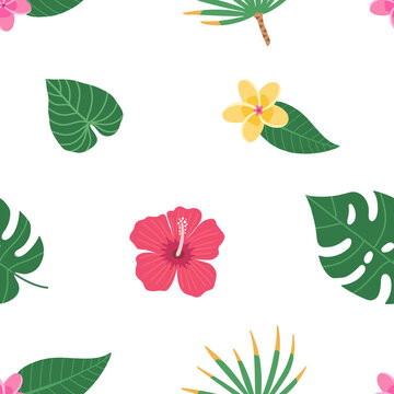 Exotic seamless colorful pattern with tropical jungle leaves and flowers of plumeria and hibiscus. Tropic background. Floral modern pattern for textile, manufacturing etc. Vector illustration © mejorana777