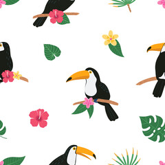 Summer colorful bright seamless hand drawn tropical pattern with toucan birds and exotic plant leaves and flowers of hibiscus on white background. Hawaiian style. Vector illustration