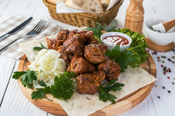 Pork kebab with vegetables and souce