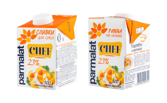 PARMALAT Cream for sauce. Creamy cream on a white background. Isolated object