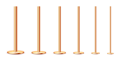 Realistic metal poles collection isolated on white background. Glossy bronze pipes of various diameters. Billboard or advertising banner mount, holder. Vector illustration.