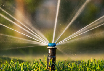 Close-up of automatic irrigation sprinkler watering the lawn at sunset. - obrazy, fototapety, plakaty