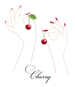 female hands with cherry on the white background
