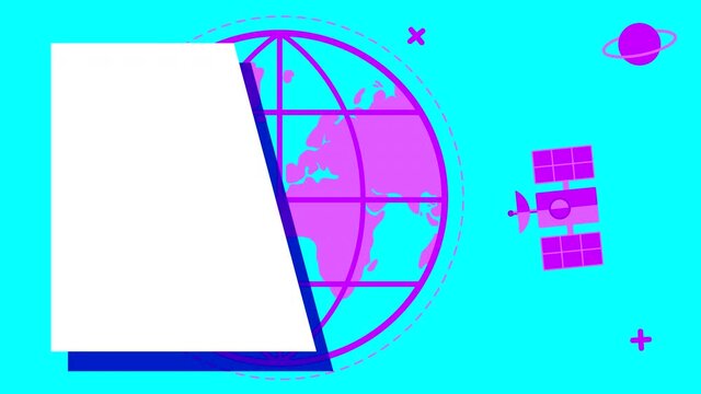 Looped animation of drawings with a theme of space with a globe and a satellite on a blue background. Flat illustration with movement on the surface. White space for copy, lettering and text.