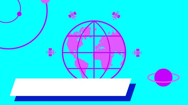 Looped animation of drawings with a theme of space with a globe and a satellite on a blue background. Flat illustration with movement on the surface. White space for copy, lettering and text.
