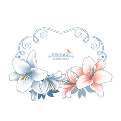 Vintage floral frame with lily flowers. Vector illustration. Element for design of cards, congratulations, wedding ceremonies, celebrations. Congratulations on March 8 for women.