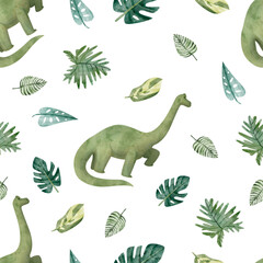 Watercolor seamless pattern with cute dinosaurs. Children's pattern with dinosaurs and leaves