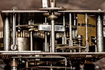 Fototapeta premium Vintage watch machine macro detail. Close up of old clock.