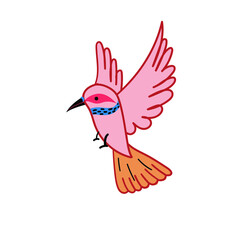 Flat vector icon of flying hummingbird. Colibri with pink feathers and long thin beak. Wildlife and fauna theme
