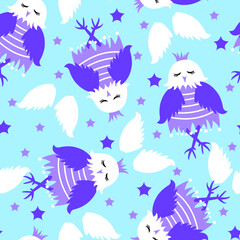 night seamless pattern with white owls and stars. vector