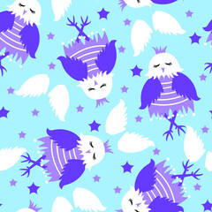 Obraz premium night seamless pattern with white owls and stars. vector