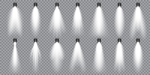 Illuminated studio spotlights collection. Bright light beam. Transparent realistic effect. Stage lighting. Glowing light rays. Vector illustration.