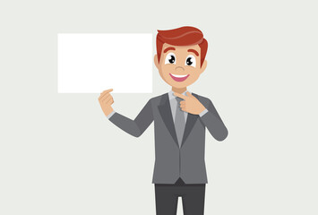 businessman showing blank white poster and pointing finger.