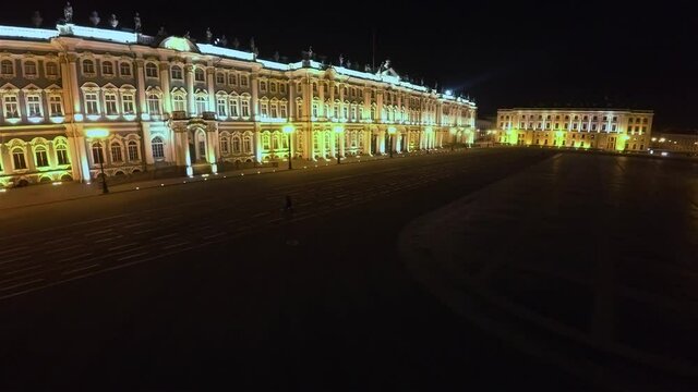 Aerial view. Palace Square, Hermitage in St. Petersburg. Night. 4K.