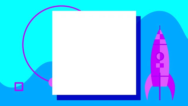 Looped animation of drawings with a theme of space with a globe and a satellite on a blue background. Flat illustration with movement on the surface. White space for copy, lettering and text.