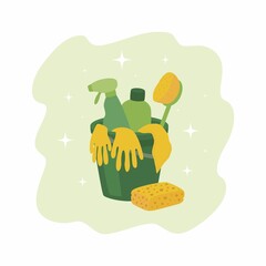 A set of cleaning products. Illustration with green plastic bucket, sponge, rubber gloves and detergents.