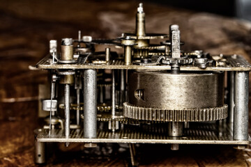 Vintage watch machine macro detail. Close up of old clock.