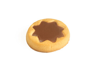 Single cookie filled with star shaped chocolate isolated on white background