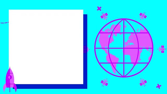 Looped animation of drawings with a theme of space with a globe and a satellite on a blue background. Flat illustration with movement on the surface. White space for copy, lettering and text.