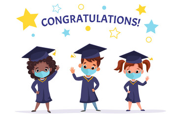 Happy graduated children wearing medical masks, academic gown and cap. Multicultural kids celebrating Kindergarten graduation together. Flat cartoon vector illustration.